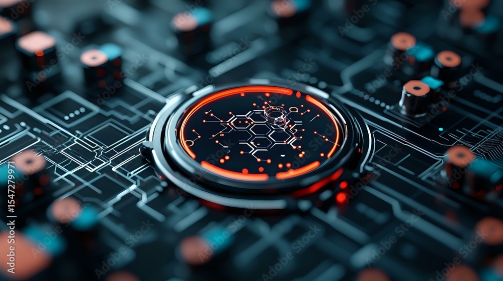 Poster glowing orange molecular structure displayed on futuristic circular screen embedded in dark circuit 
