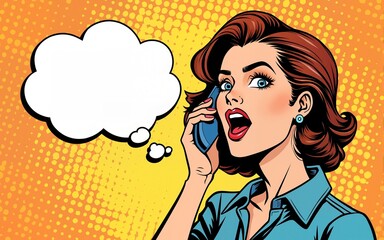 Pop Art style comic book girl calling or yelling out loud with speech bubble vector illustration. High quality