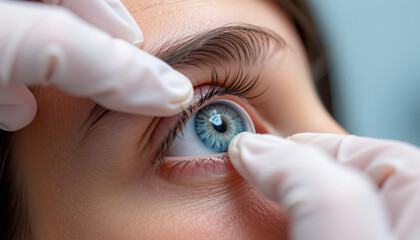 Scleral contact lens being inserted into eye, showcasing careful application and focus on eye health
