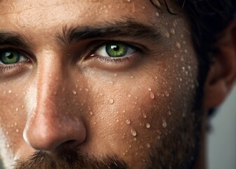 Closeup of man sweaty face with water droplets on skin and green eye looking focused and intense in natural light. detailed texture shows pores and facial hair