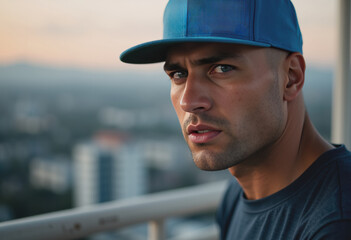 Man in blue cap on balcony with a defiant expression and clenched jaw