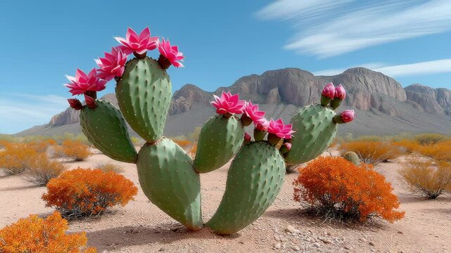 Vibrant cactus with blooming pink flowers stands prominently in arid desert landscape, surrounded by orange shrubs and distant mountains under a clear blue sky, showcasing the beauty of nature's resil