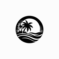A stylized black and white logo featuring palm trees on a beach, with waves and the sun.