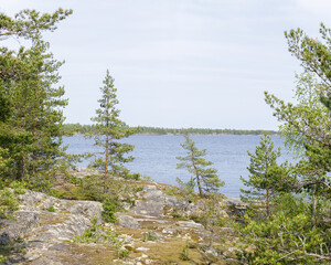 Scenic view of a rocky shoreline with pine trees by a calm lake under a bright sky, evoking...