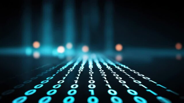 Binary technology data digital code abstract blue futuristic computer information�A glowing stream of binary code and digital data blue tones creates futuristic, abstract background, symbolizing