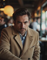 Fototapeta premium Man in a beige coat at a cafe counter, looking downcast in shyness