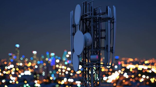 Telecommunication cell tower with antennas and satellite dishes, illuminated city skyline at night, wireless signal, 5G technology, mobile network, communication, data transmission, digital infrastruc