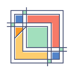Abstract geometric art composition using overlapping squares and lines in various colors