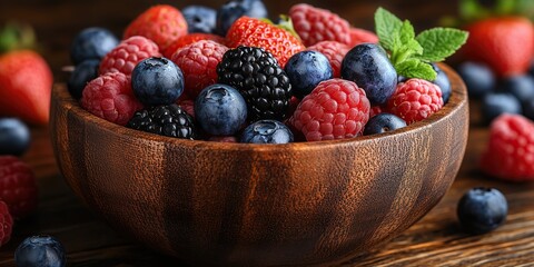 Close-up of mixed berries on a wooden plate