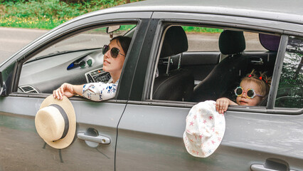 Car trip. Family vacation road adventure. People grass luggage travel.