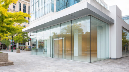 Vacant prime real estate in city center location. Modern empty commercial retail store with large glass window storefront, ready for new business.