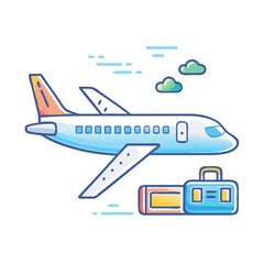 Cartoon Airplane with Suitcase and Clouds ready for a Journey