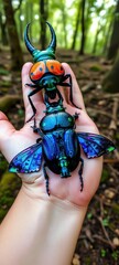 two magnificent male rhinoceros beetles with iridescent wings resting on a human palm