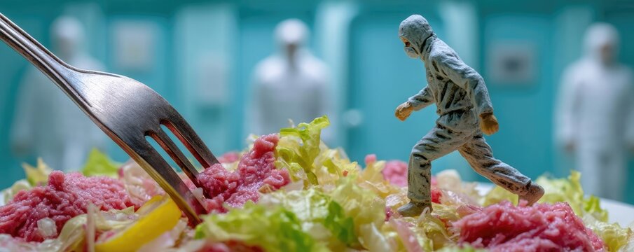 Toilet rush after cross contamination and tainted food concept. A miniature figure explores a vibrant, colorful salad dish.