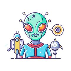 Colorful Cartoon Alien with Retro Futuristic Robots and Space Theme Speech Bubble