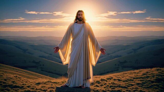 Glorified figure of Jesus Christ standing in radiant sunrise light on a hilltop, symbolizing resurrection, divinity, hope, salvation, and the eternal power of Christian faith and love