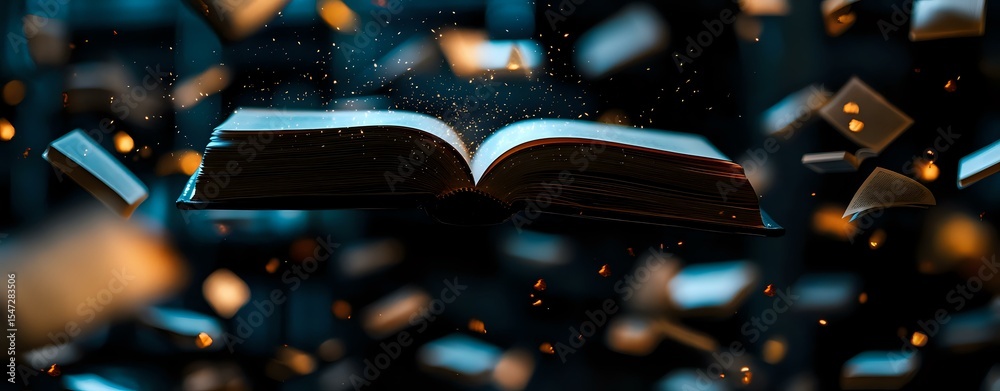 Poster open book floating in dark space surrounded by glowing particles and bokeh lights creating magical a