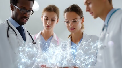 Diverse medical team analyzing digital health data visualization on modern tablet device showing glowing network connections and analytics.