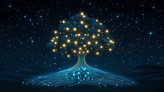 Glowing tree with luminous branches against starry night sky, roots forming digital circuit patterns in blue neon light, symbolizing technology and nature connection.