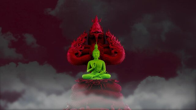 green buddha protected by the hood of the red mythical king naga with night sky gray cloud time lapse