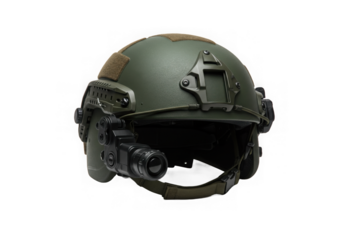 Olive green tactical helmet with integrated night vision device isolated on white backdrop.