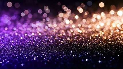 Magical purple and gold glitter bokeh background with defocused lights creating dreamy sparkle effect, suitable for luxury and festive designs.