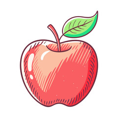 A vibrant and fresh red apple with a green leaf illustration