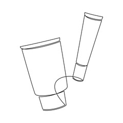 Hand drawn cream tubes vector. One line continuous drawing. Minimal fashion print, linear silhouette icon. Cosmetics skin care product, balm, lotion, abstract doodle illustration.