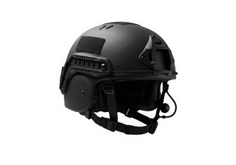 Fototapeta premium A matte black tactical helmet with a streamlined design sits isolated against black background.