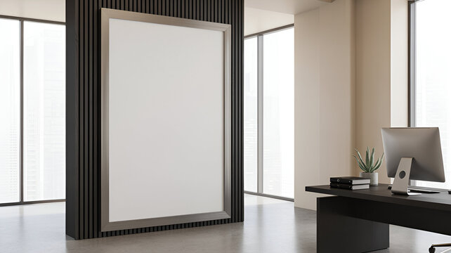 The modern minimalist office interior features a sleek workspace with a black desk, swivel chair, computer monitor, and binders, complemented by beige walls, polished concrete floors, and large window