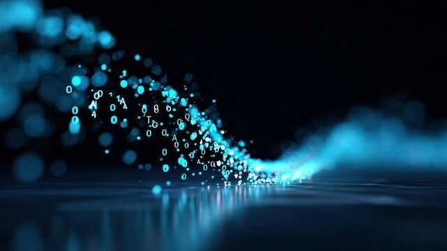 Abstract digital wave with glowing blue binary code representing data flow, technology, futuristic innovation, and connectivity, featuring digital data stream, abstract technology background