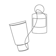 Hand drawn perfume bottle and cream tube vector. One line continuous drawing. Beauty icon. Minimal makeup print, cosmetic banner, card, poster, brochure, cosmetics logo.