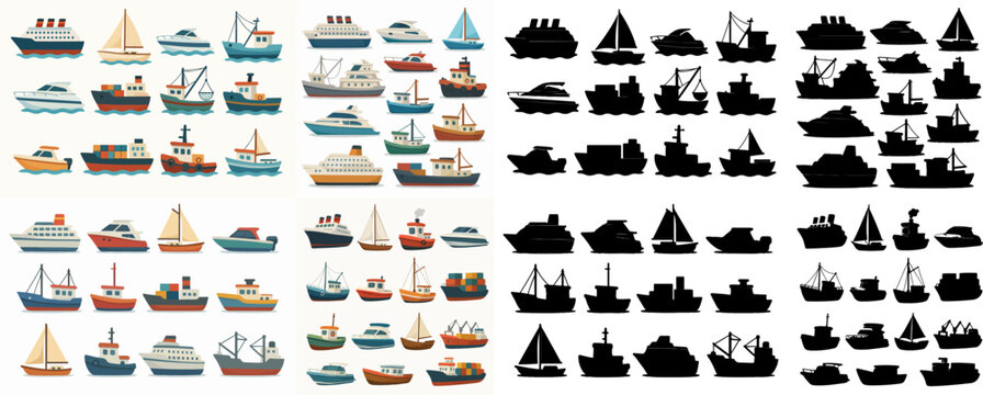 Vector Set Sea shipping boats and silhouette  cartoon ships  yacht and motorboat. Travel ocean cruise boat  fishing and cargo shipping boats flat vector illustrations collection. Water transport set
