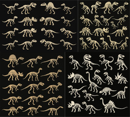 Vector Set Dinosaur skeletons. Jurassic dino ancient fossil bones, raptor, tyrannosaurus, velociraptor and spinosaurus flat vector illustration set. Cartoon archaeological fossil skelet