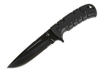 Fototapeta premium A sleek, all-black folding knife with a partially serrated blade lies diagonally on a dark backdrop.
