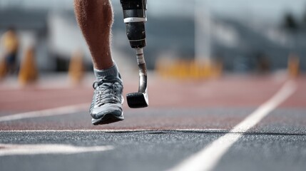 Defying Limits: A runner with a prosthetic leg sprints confidently on a track, embracing athletic prowess and strength