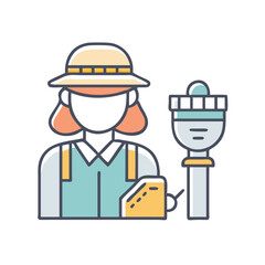 Stylized icon of a female landscaper with tools and a garden watering device