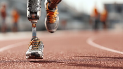 Adaptive Sprint: An athlete with a prosthetic leg sprints across a track, embodying determination, resilience, and the relentless pursuit of excellence in sports.