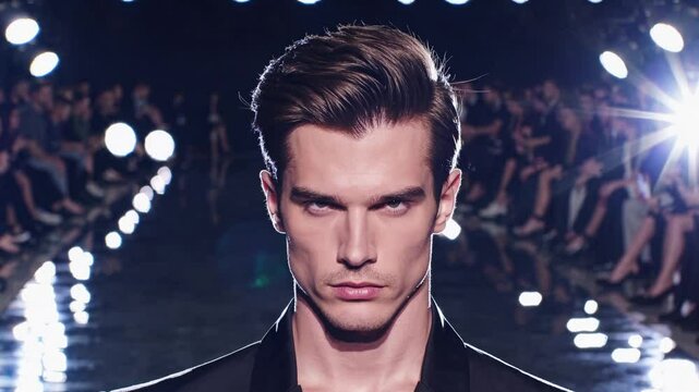 Close-up of serious male fashion model walking runway under intense spotlight beams during high-end fashion event, symbolizing confidence, masculinity, and modern elegance