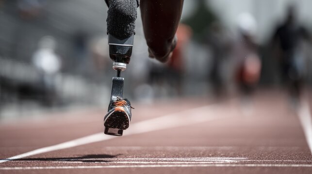 Unstoppable Spirit in Motion: A captivating perspective captures the determined stride of an athlete with a prosthetic leg as they sprint on a track, symbolizing resilience and unwavering resolve.