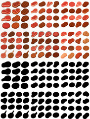 Vector Set Cartoon raw and grilled meat steak, fresh burger patty. Roasted, grilled pork and beef steaks, raw meat semi-finished products flat vector illustration set. Butcher shop food and silhouette