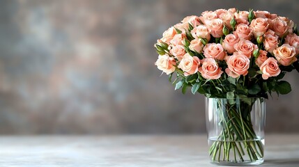 Fresh peach roses arranged in clear glass vase against blurred background, romantic floral composition for wedding, anniversary or special occasion celebration.