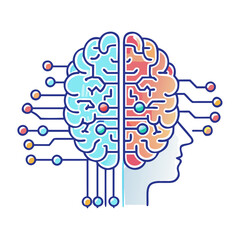 Stylized representation of a human brain with connections to digital networks