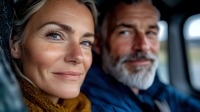 Mature couple sharing tender moment in car, blonde woman and bearded man smiling. Close up portrait showing genuine happiness and connection between partners.