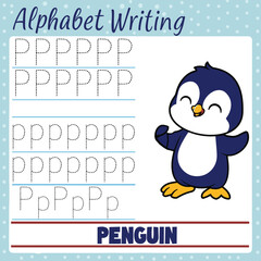 Adorable Cartoon Penguin Demonstrating Letter P Writing Practice with Smiling Expression.