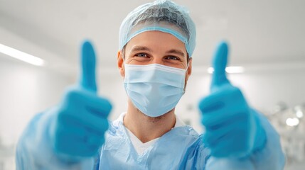 Surgeon Thumbs Up: A surgeon in sterile gown, mask, and gloves flashes a double thumbs up with reassuring smile.