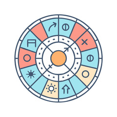 Astrological Chart Wheel with Symbolic Representations and Colorful Geometric Design