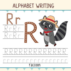 Cartoon Raccoon with Hat and Scarf Learning the Letter R