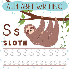 Adorable Sloth Hanging from a Branch with Alphabet Writing Lesson Illustration.