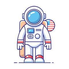 Cartoon Astronaut Standing Tall with American Flag on White Background